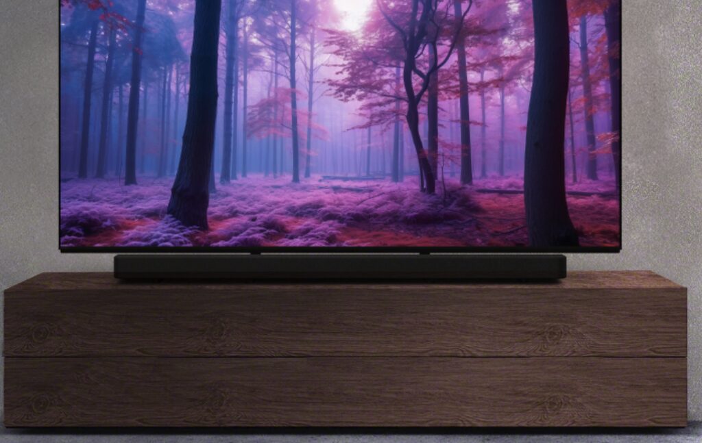 une barre de son sur un meuble télé