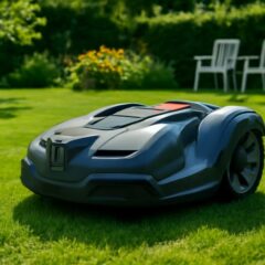 robot tondeuse dans jardin